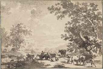 Peasants and animals in a wooded river landscape