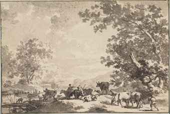 Peasants and animals in a wooded river landscape Peasants and animals in a wooded river landscape