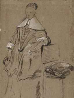 Costume study for the portrait of a girl, full-length (recto); Study of an arm resting on a chair, and a counterproof of a study of a standing man (verso)