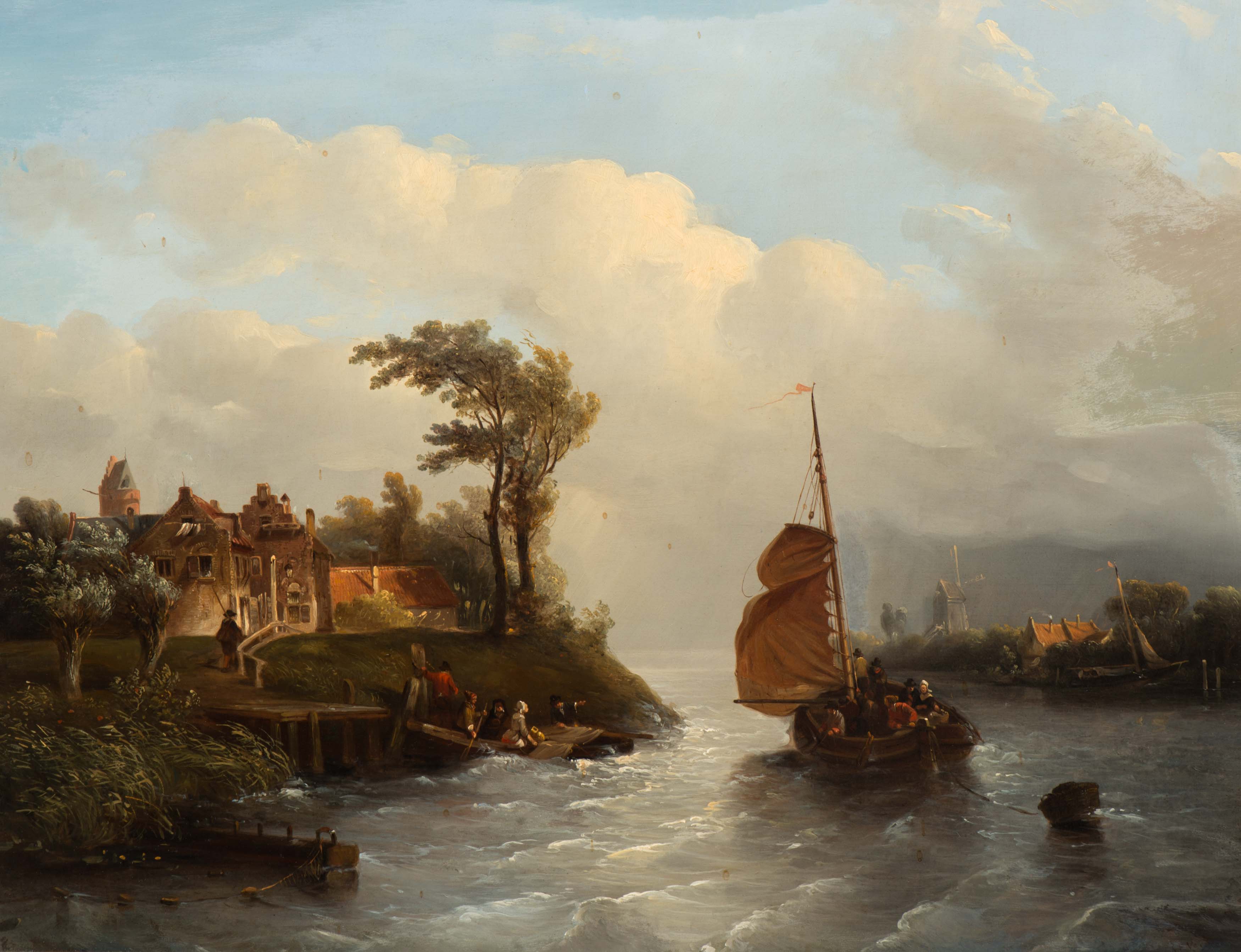 Hollands riviergezicht met figuren in boten bij winderig weer (ca. 1836-1838)