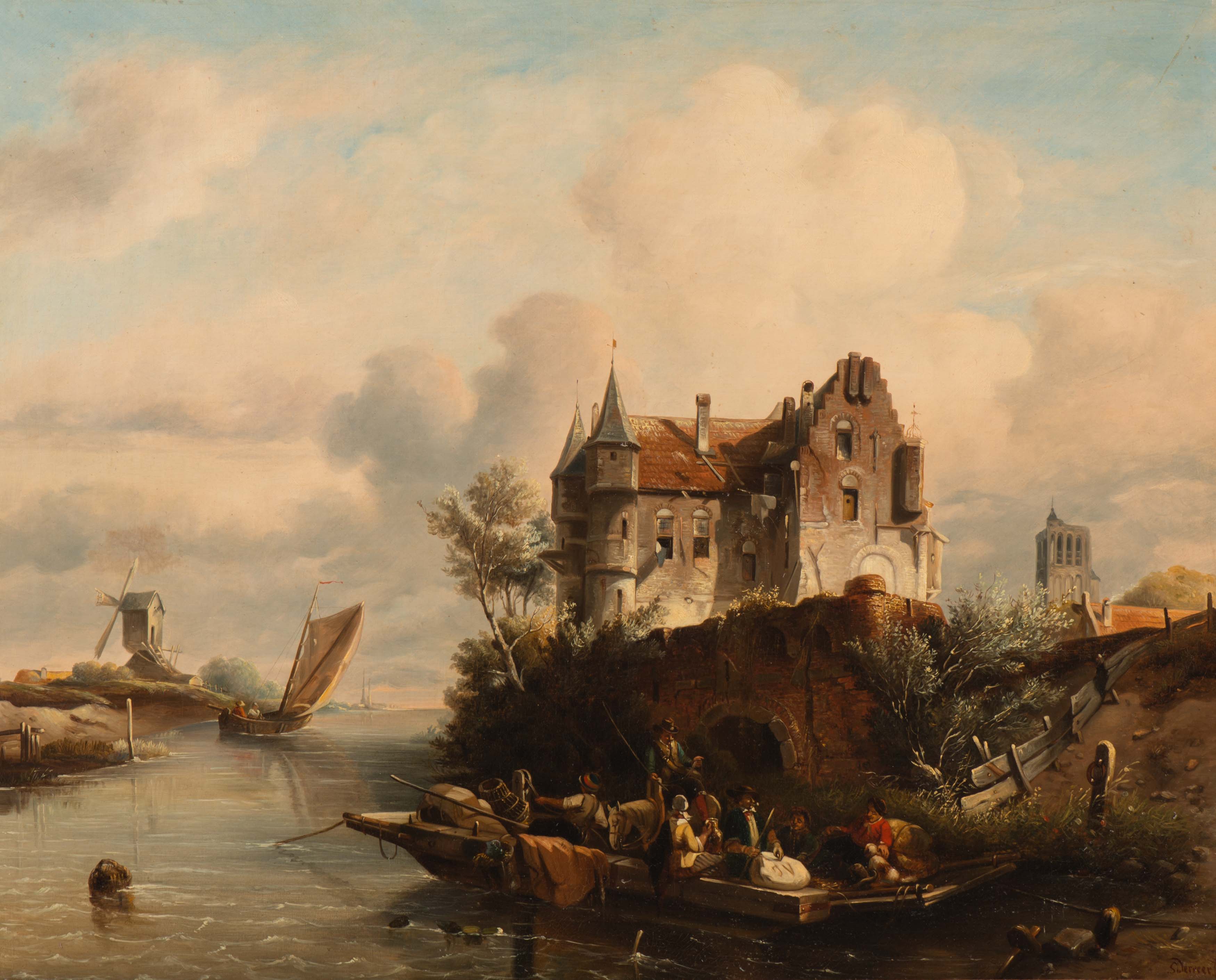 Hollands rivierlandschap met veerpont en figuren bij een kasteel (ca. 1836-1839)