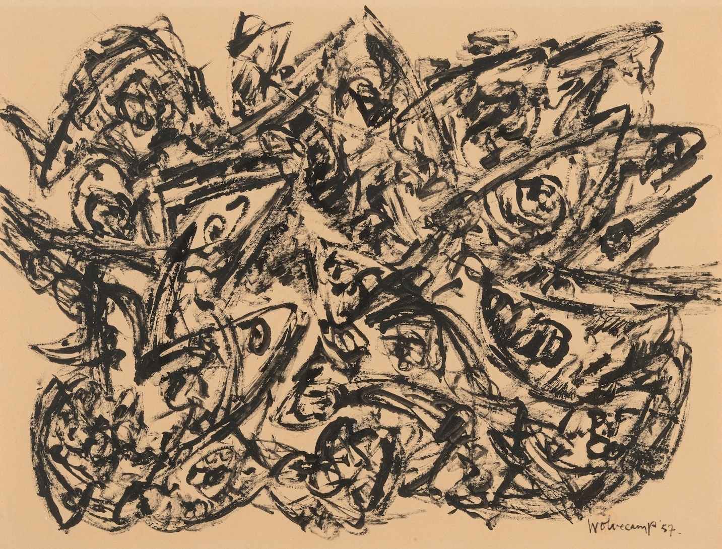 Op beige papier, gesigneerd en gedateerd 'Wolvecamp '57.' (rechtsonder). Blad zeer licht gerimpeld en plakt op plaatsen aan de steun langs de bovenste achterrand, een paar kleine scheurtjes langs de randen, verder blijkbaar in goede staat, niet uit de lijst onderzocht. Ingelijst achter glas